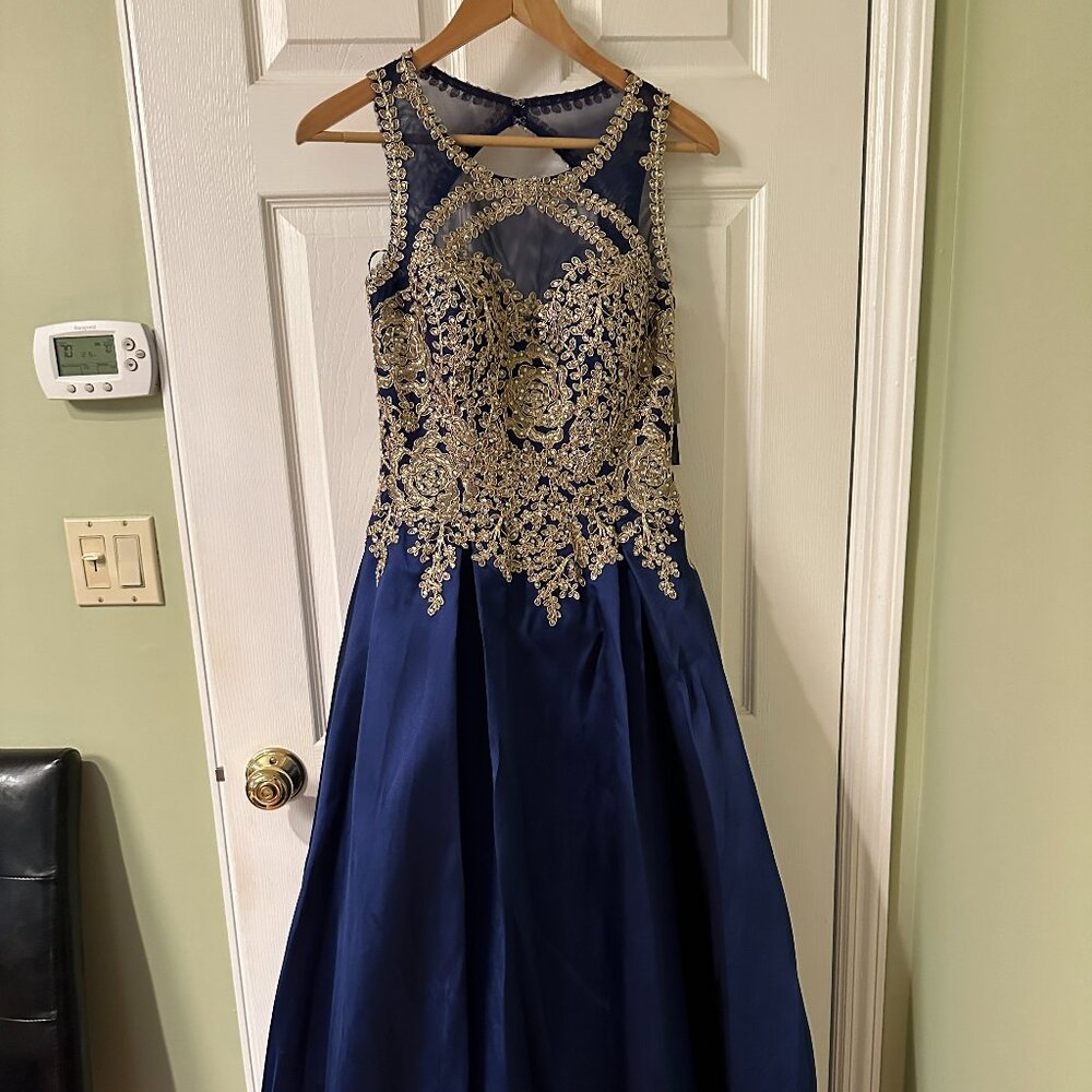 Xscape Prom dress, Navy Blue with Gold beaded top, size 4